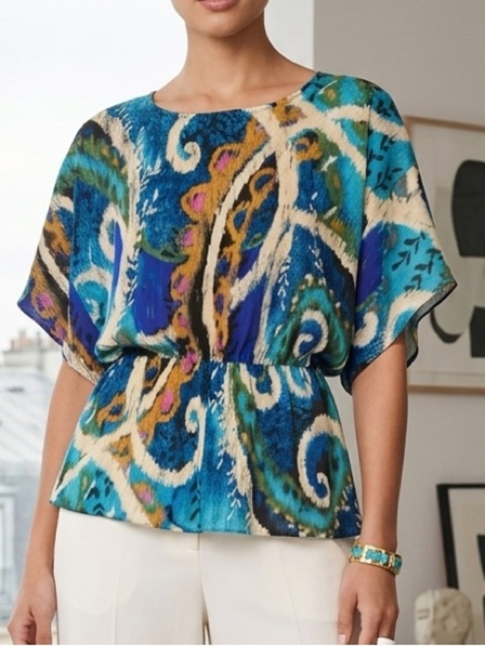 Serengeti Blue Abstract Paisley Dolman Sleeve Elastic Waist Blouse Large